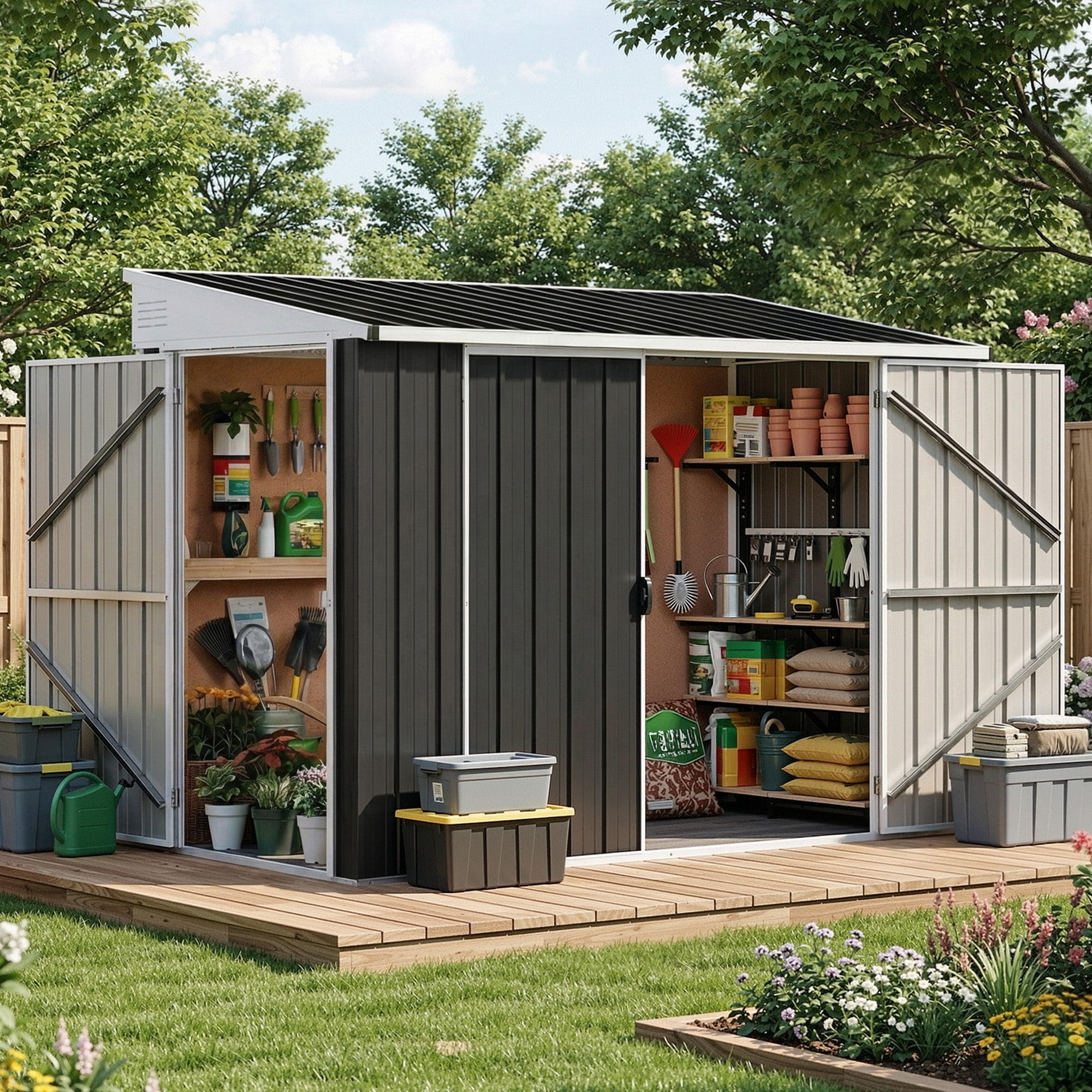 Uforic 7' x 4' Outdoor Weatherproof Storage Shed, Metal Bike Shed with Lockable Doors, Garden Storage for Lawn Equipment, Tools and Trash Cans, Dark Gray