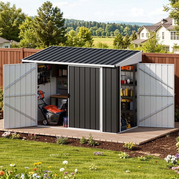 Uforic 7' x 4' Outdoor Weatherproof Storage Shed, Metal Bike Shed with Lockable Doors, Garden Storage for Lawn Equipment, Tools and Trash Cans, Dark Gray