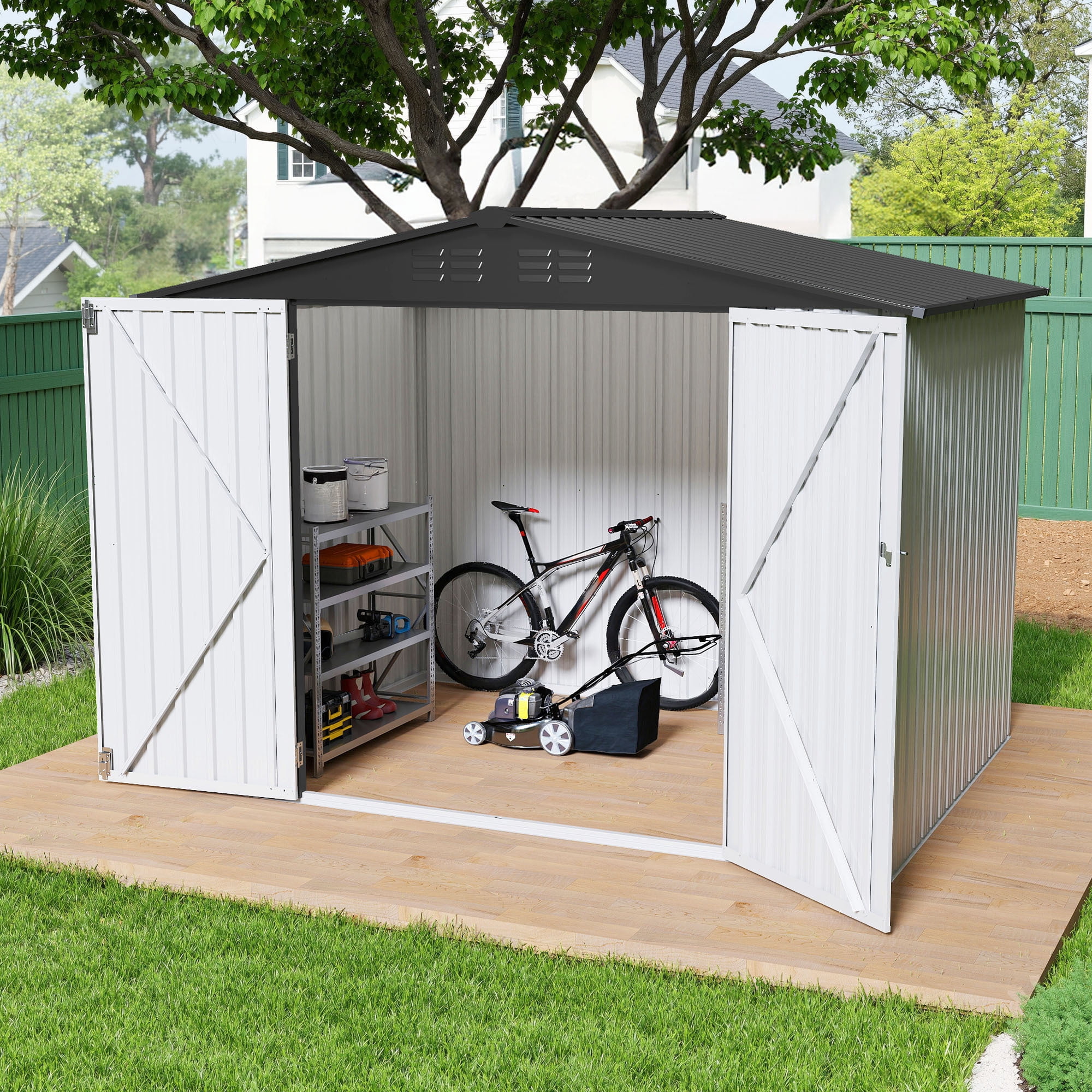 Uforic 7'x5' Metal Storage Shed, Heavy Duty Lockable Weatherproof Shed, Sloped Roof, Easy Assembly for Tools & Bicycles, White