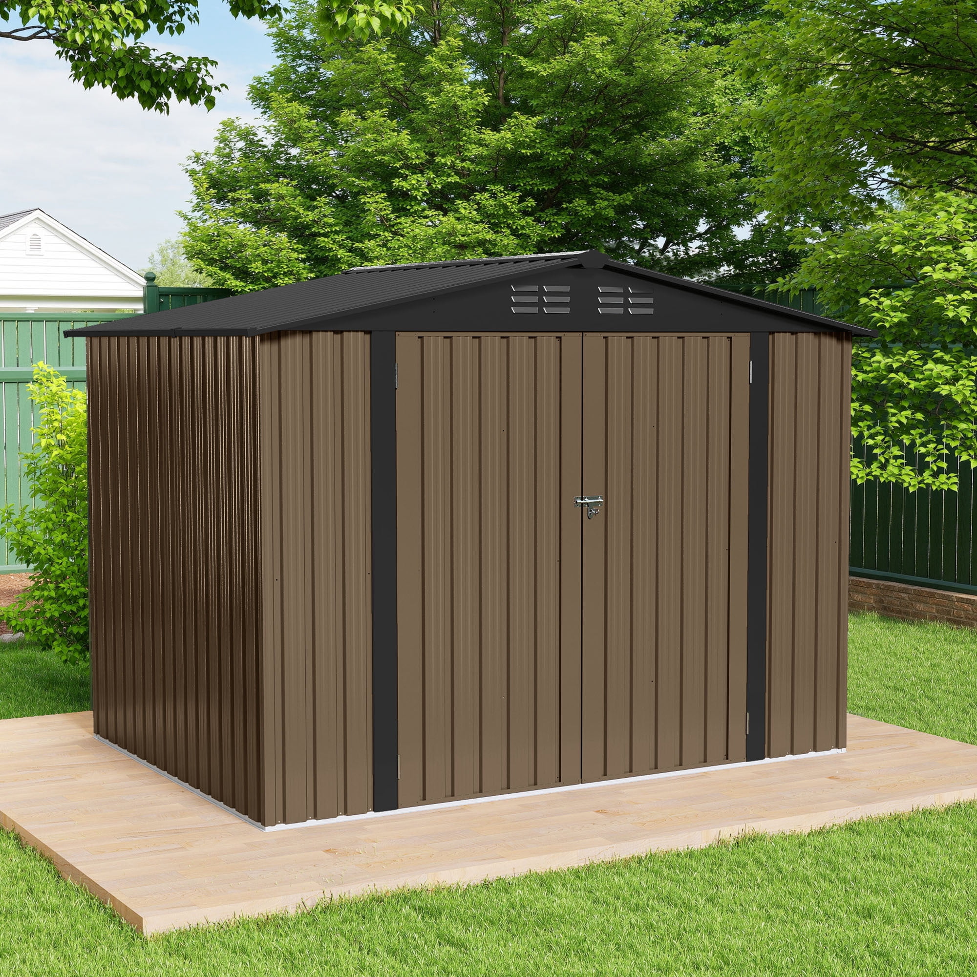 Uforic 7'x5' Metal Storage Shed, Heavy Duty Lockable Weatherproof Shed with Sloped Roof, Easy Assembly for Garden Tools & Bicycles, Brown