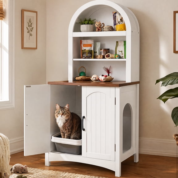 Uforic 70.8 Inch Modern Hidden Cat Litter Box Enclosure with Multi-Layer Open Storage Shelves for Home Indoor, High-Gloss White