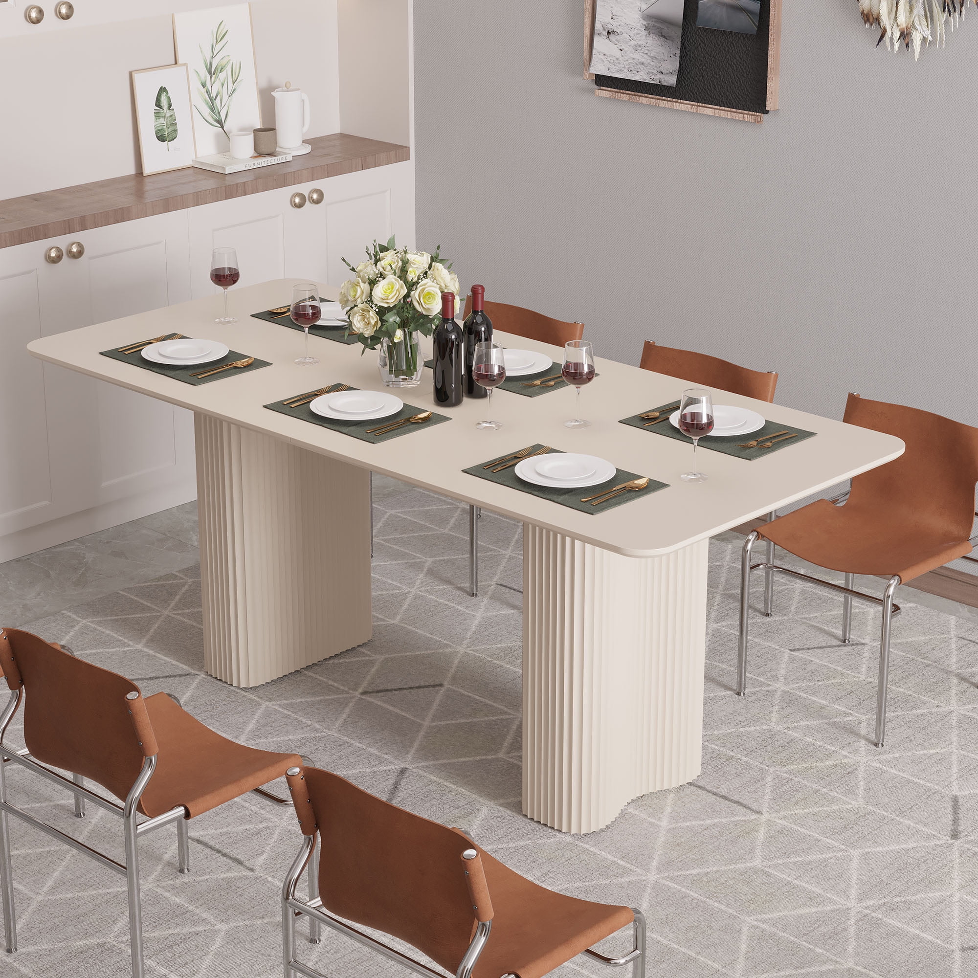 Uforic 70.8" Modern Dining Table with Curved Wave Legs, Cream White Rectangular Kitchen Table for 6-8 Person, Dining Room Table for Gathering, Kitchen, Dining Living Room