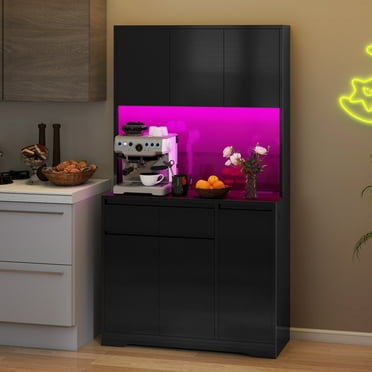 Uforic 70.9" Kitchen Pantry Cabinet with LED Lights & Power Outlets, Pantry Storage Cabinet, Black