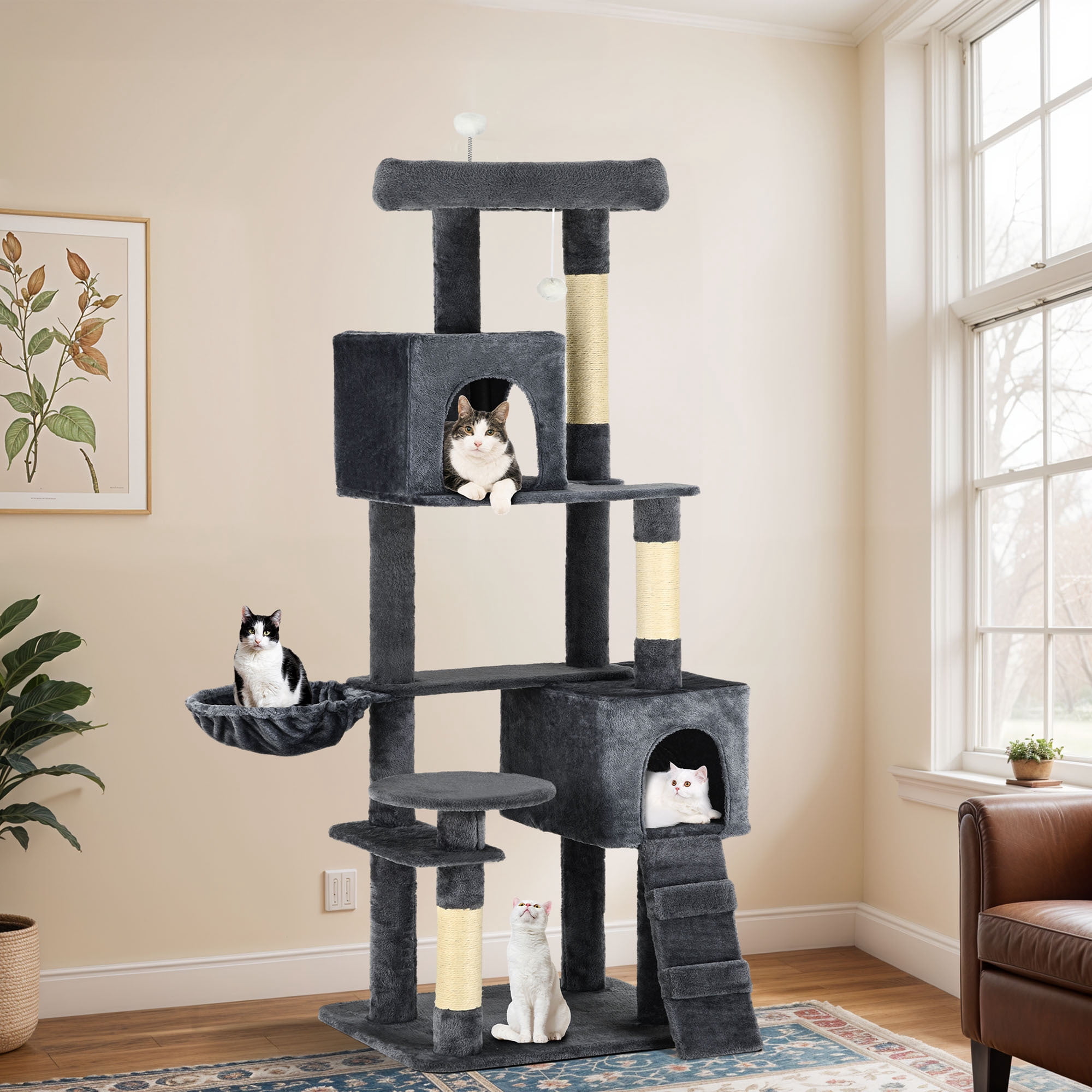 Uforic 70" Cat Tree Condo Multi-Level Tower with Scratching Posts & Cozy Basket for Indoor Cats, Dark Gray