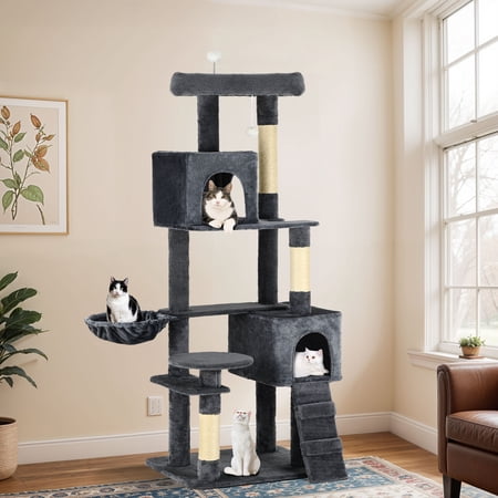Uforic 70" Cat Tree Condo Tower with Scratching Posts & Cozy Basket, Dark Gray