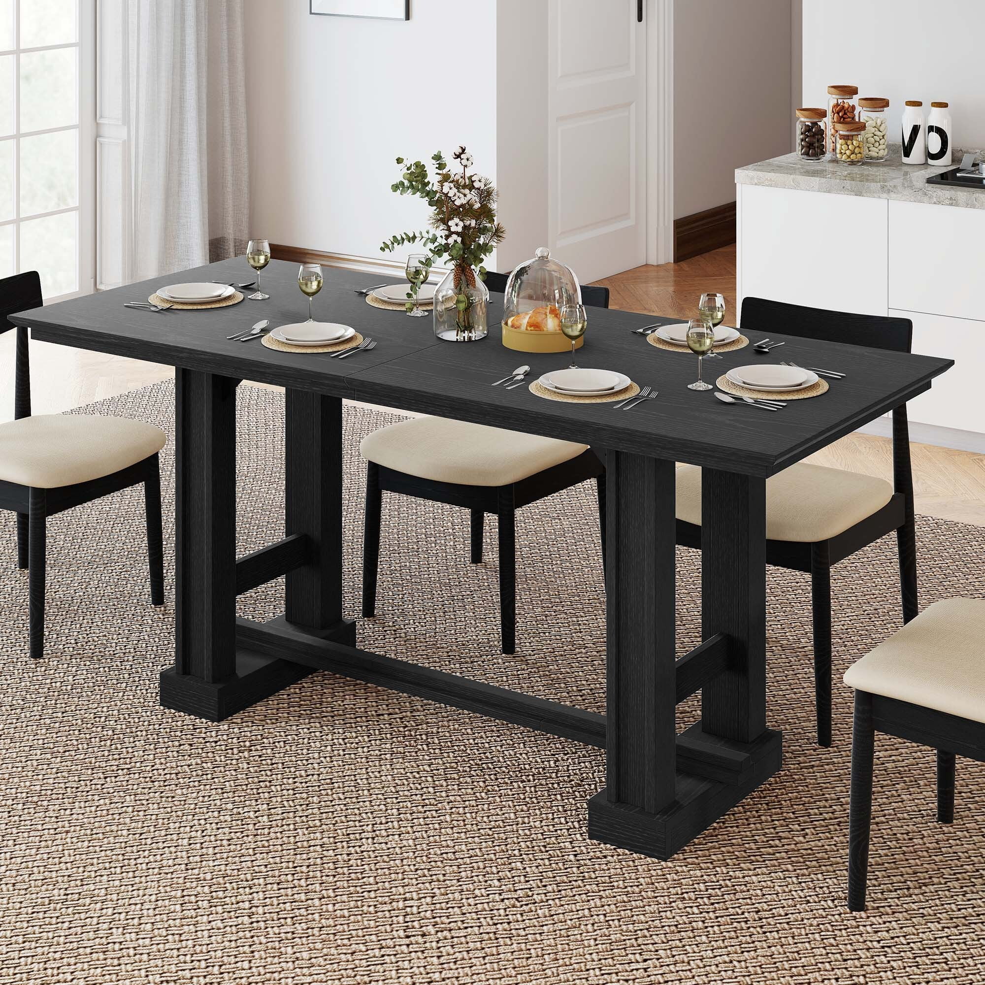 Uforic 70" Dining Table for 6–8 People, Farmhouse Rectangular Kitchen Table with Thick Base for Dining Room, Living Room, and Kitchen, Black