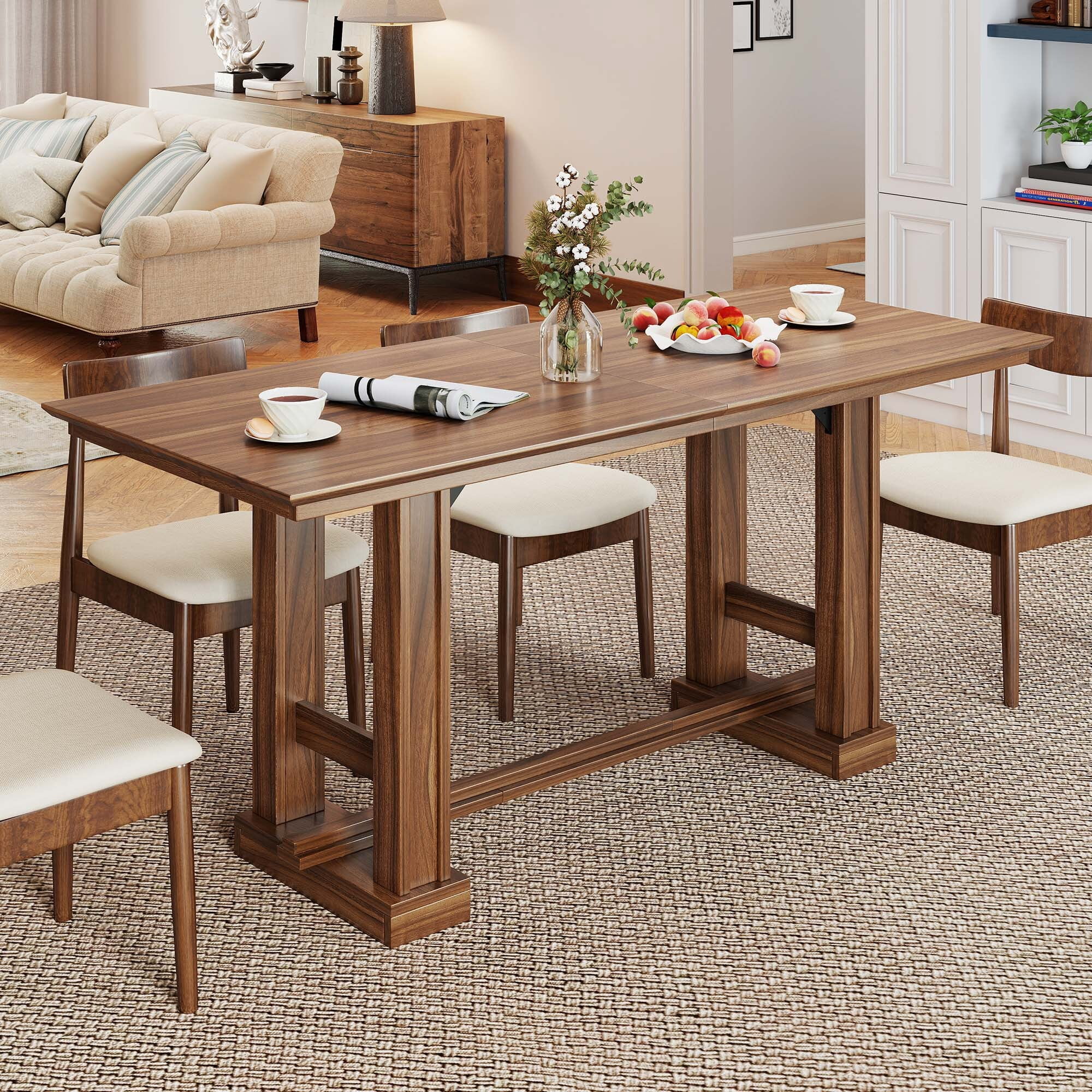 Uforic 70" Dining Table for 6–8 People, Farmhouse Rectangular Kitchen Table with Thick Base for Dining Room, Living Room, and Kitchen, Dark Walnut
