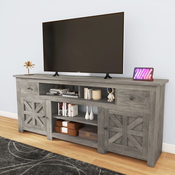 Uforic 70'' Farmhouse TV Console with 2 Shelves, Suitable for up to 80-inch TVs, Gray