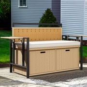 Uforic 70 Gallon Outdoor All-Weather Storage Bench w/ Extension Board & Thick Seat Cushion,Rattan Storage Seating for Patio Garden,Wood Tone&Beige