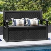 Uforic 70 Gallon Outdoor Resin Deck Bench, Waterproof & Lockable Storage Box Bench with Armrests for Garden Patio, Black