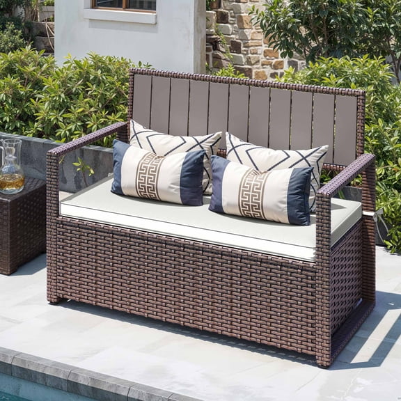 Uforic 70 Gallon Outdoor Storage Bench with Seat Cushion,All-Weather PE Rattan Patio Deck Boxes - Brown