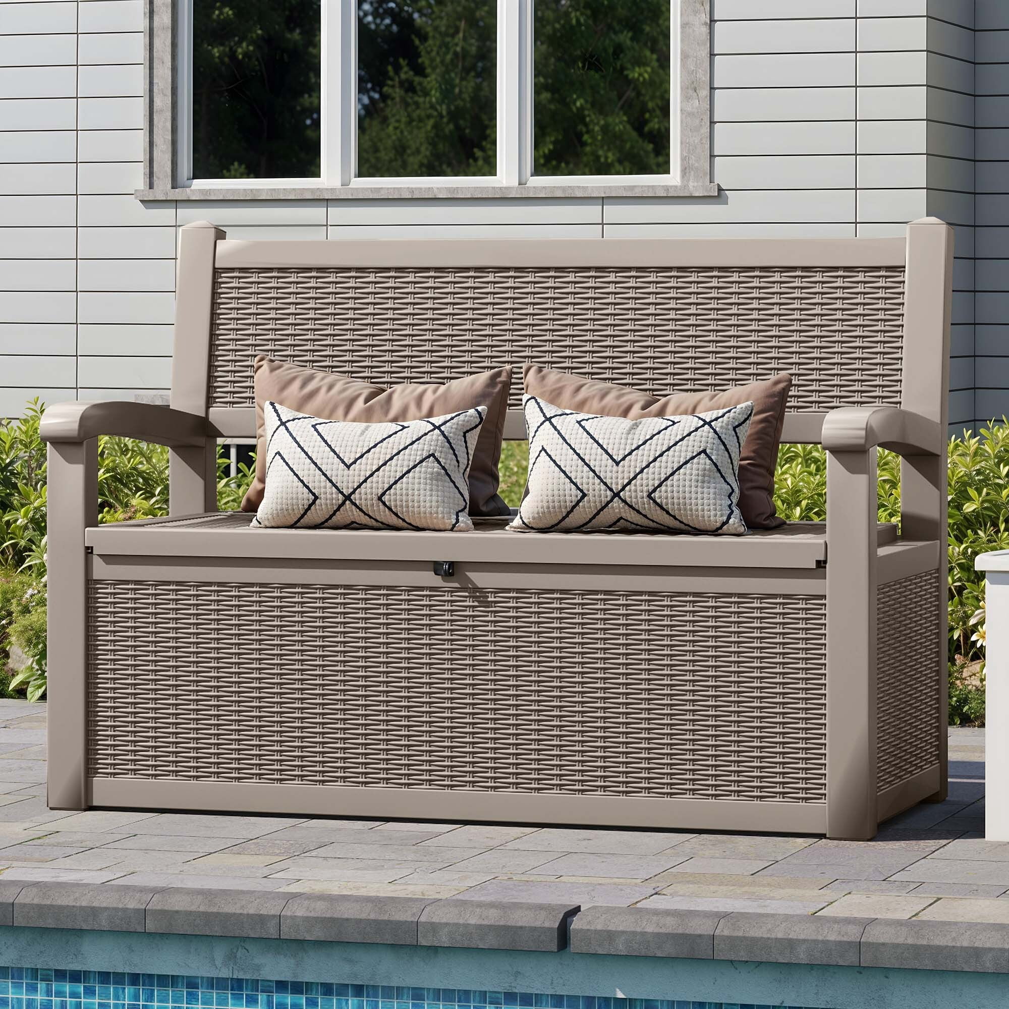 Uforic 70 Gallon Outdoor Storage Deck Bench with Armrests, Waterproof Lockable Storage Box for Patio, Garden, Pool & Porch, Light Brown