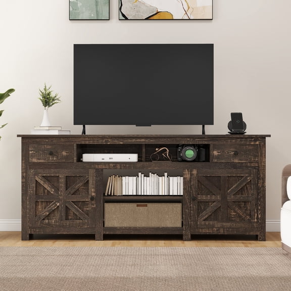 Uforic 70 Inch Dark Rustic Oak Farmhouse TV Stand, Entertainment Center with Power Outlet, Suitable for TVs Up to 80 Inches, TV Console with Storage Drawer and Adjustable Partition