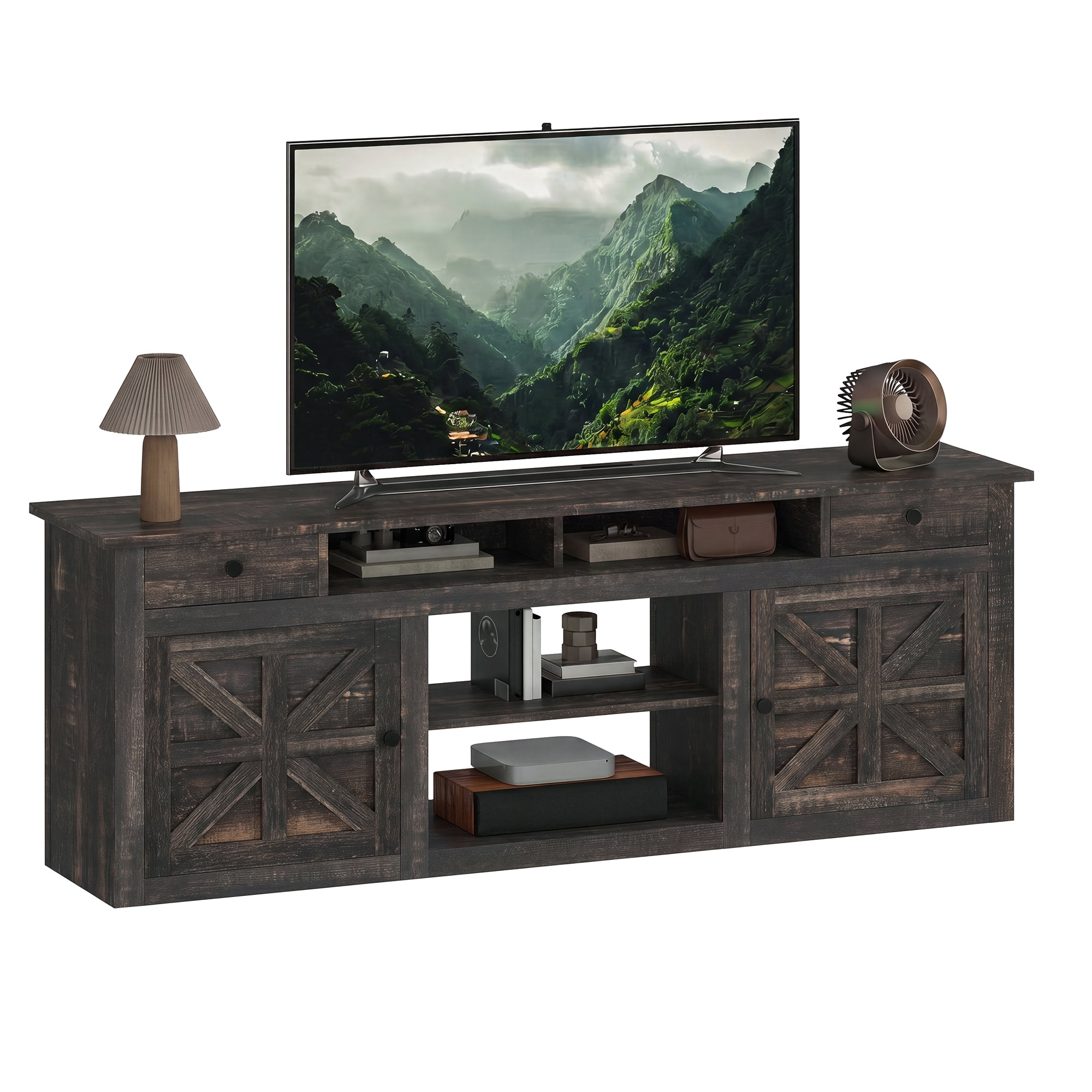 Uforic 70 Inch Dark Rustic Oak Farmhouse TV Stand, Entertainment Center with Power Outlet, Suitable for TVs Up to 80 Inches, TV Console with Storage Drawer and Adjustable Partition