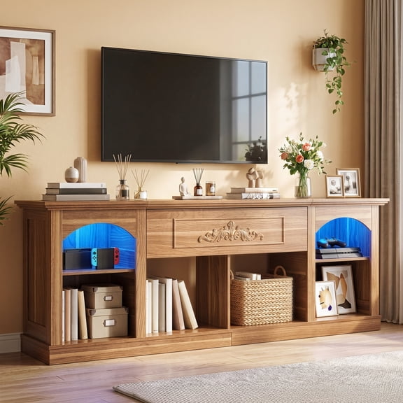 Uforic 70 Inch Farmhouse TV Stand with RGB Ambient LED Light, Flip-Down Carved Door & Adjustable Shelf Fits 75/80 Inch TVs for Living Room Bedroom, Light Walnut