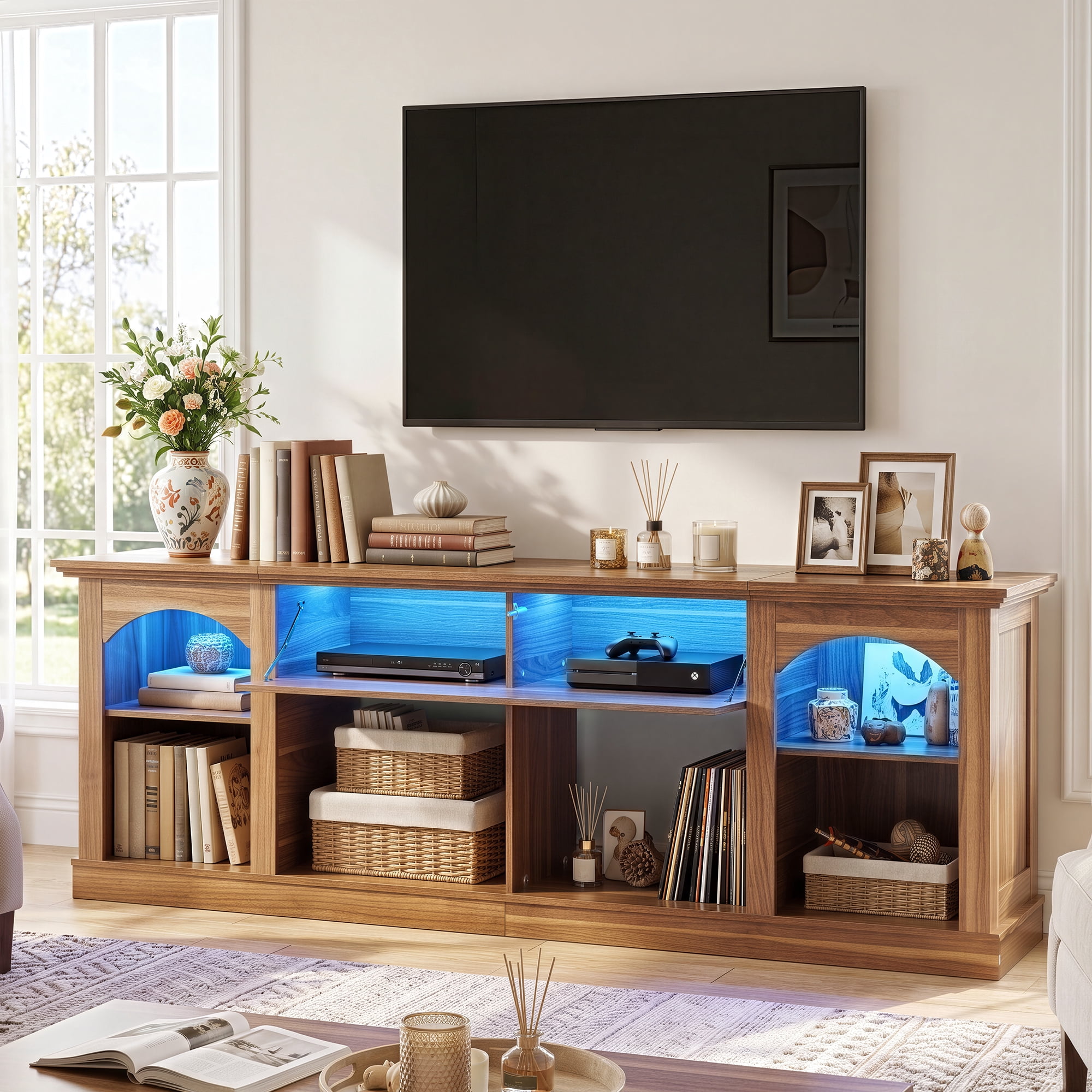 Uforic 70 Inch Farmhouse TV Stand with RGB Ambient LED Light, Flip-Down Carved Door Fits 75/80 Inch TVs for Living Room Bedroom, Light Walnut