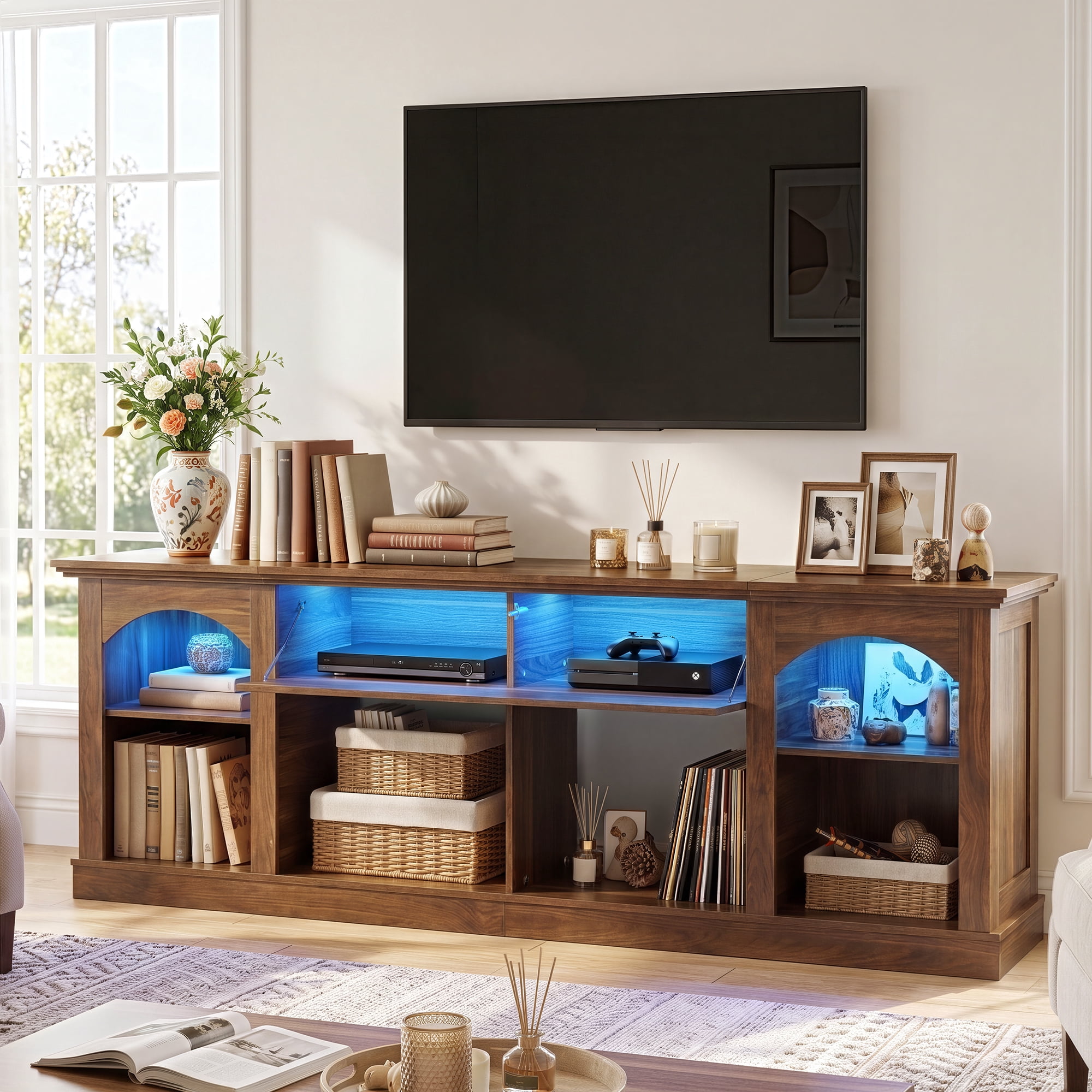 Uforic 70 Inch Farmhouse TV Stand with RGB Ambient LED Light, Flip-Down Carved Door Fits 75/80 Inch TVs for Living Room Bedroom, Walnut