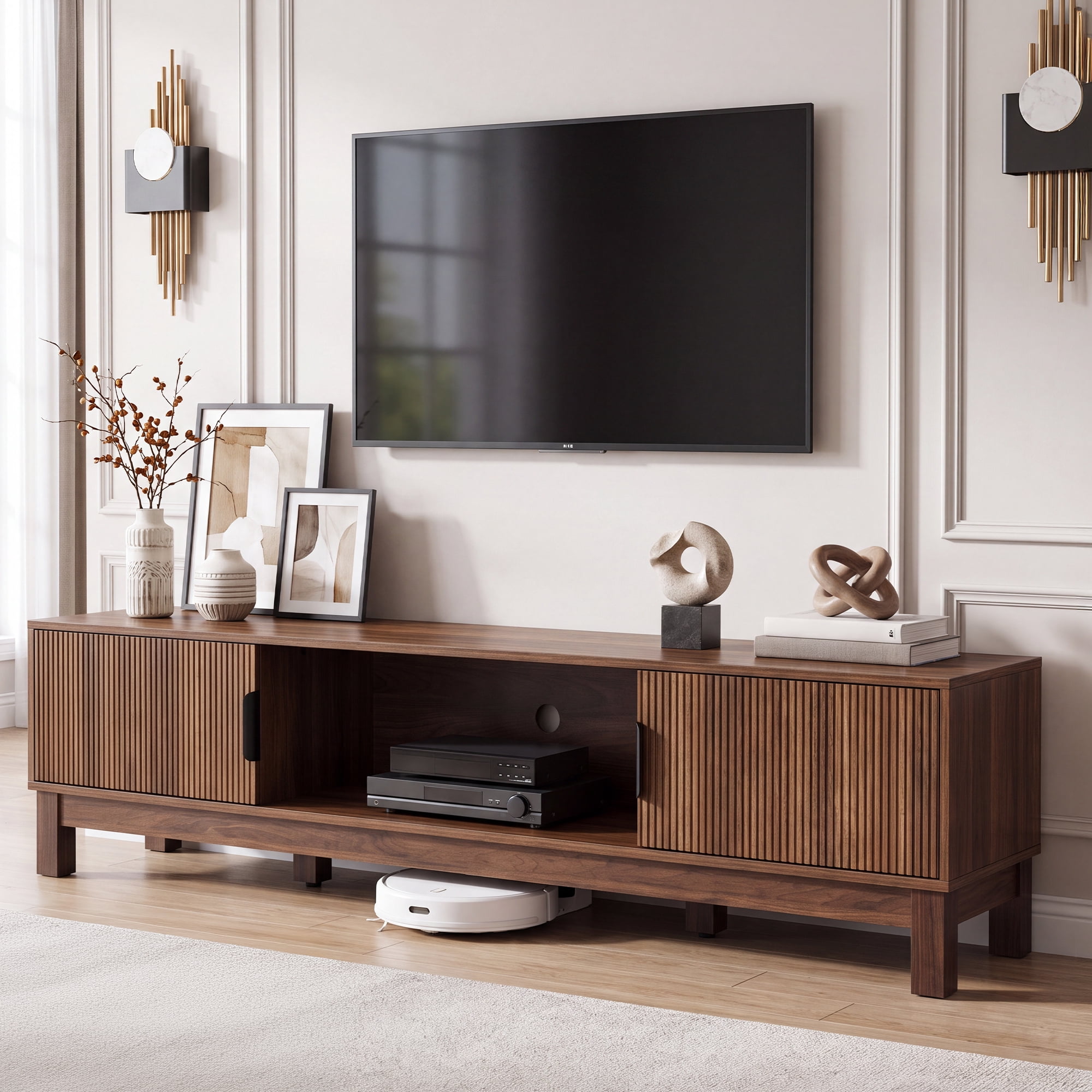 Uforic 70 Inch Mid-Century Modern Fluted TV Stand with Built-in Charging Station, Adjustable Shelves & Cable Management for 75/80 Inch TVs, Walnut Oak
