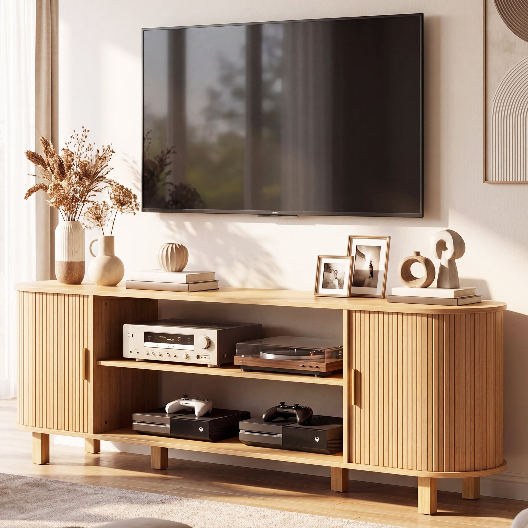 Uforic 70 Inch Mid-Century Modern TV Stand, Beige Wood Media Console with Fluted Rolling Doors, Adjustable Shelves & Cable Holes for Living Room Bedroom