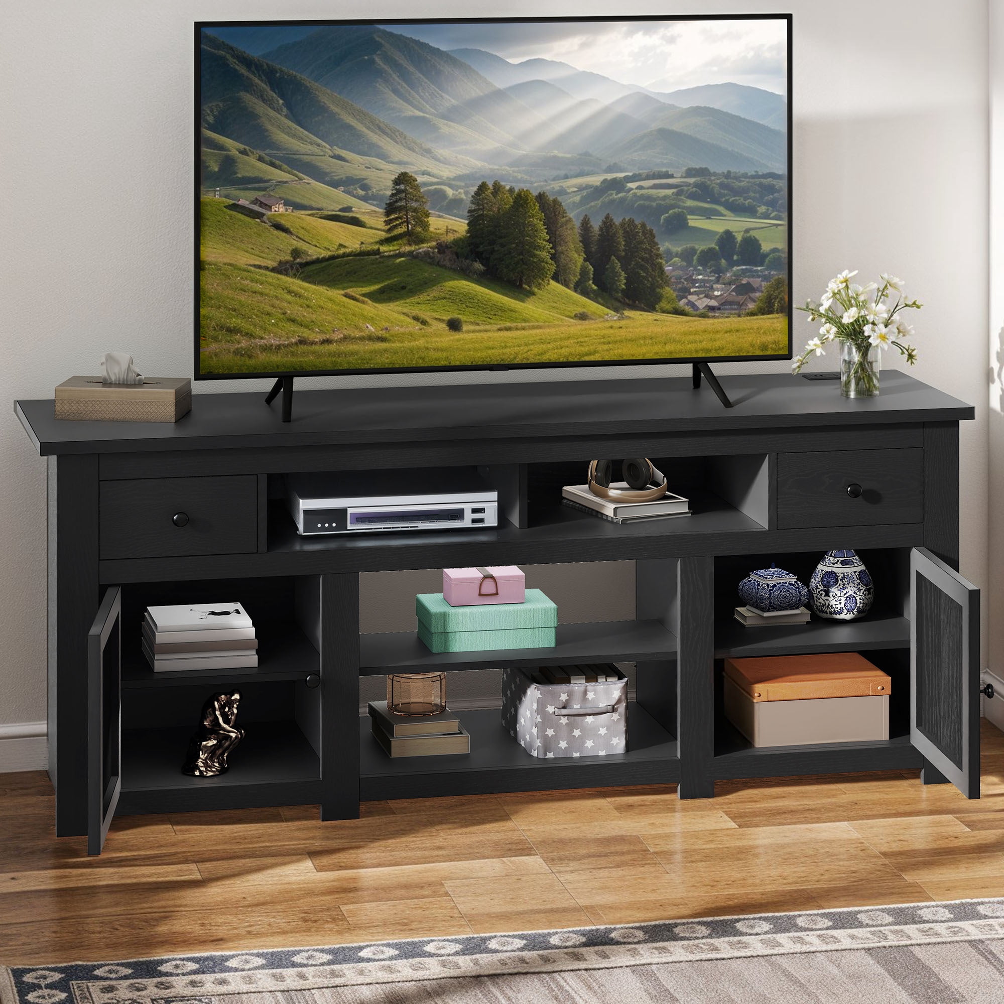Uforic 70 Inch Modern Farmhouse TV Stand for 75/80 Inch TV with Built-in Power Outlets, 2 Cabinets & Open Compartments for Living Room, Black