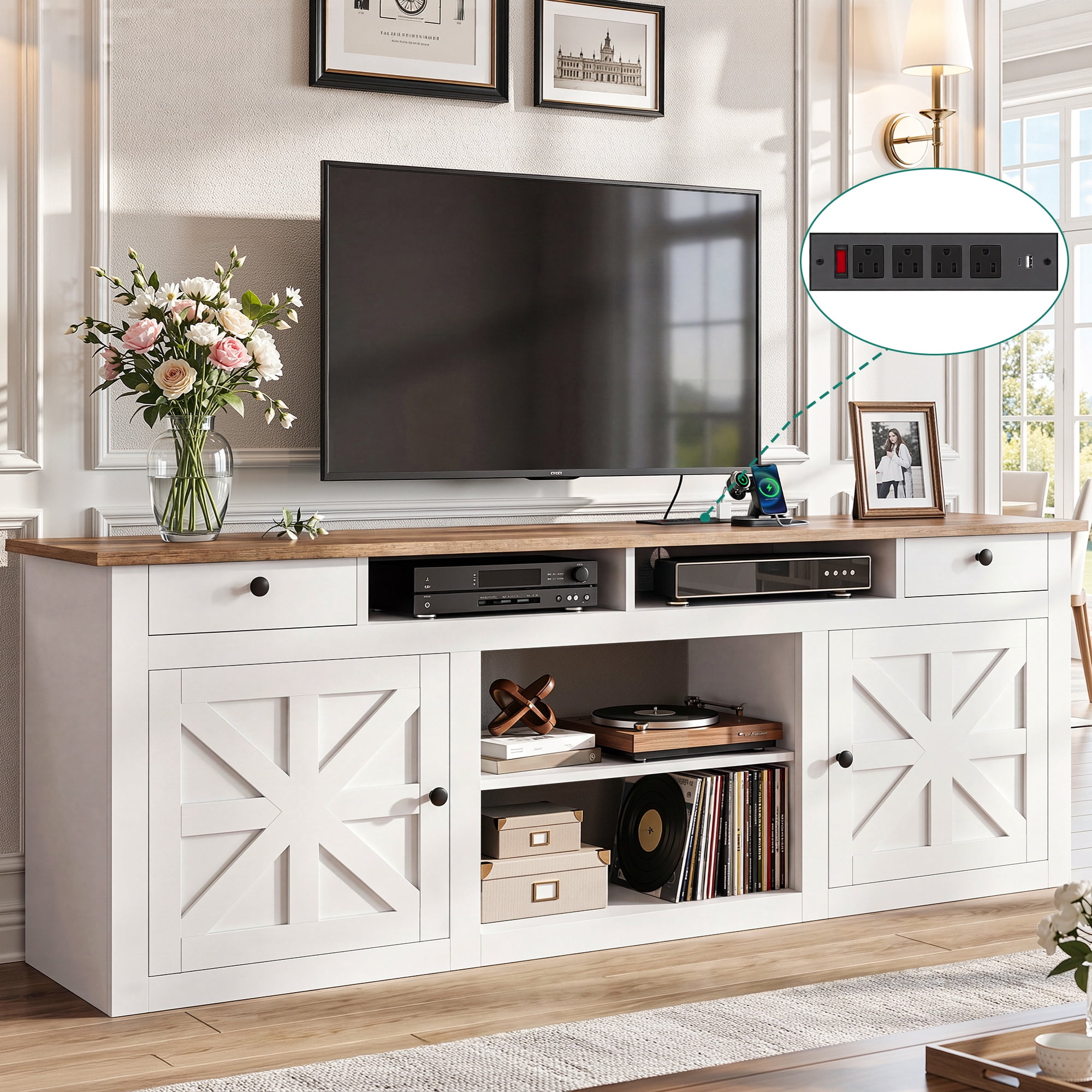 Uforic 70 Inch Modern Farmhouse TV Stand for 75/80 Inch TV with Built-in Power Outlets, 2 Cabinets & Open Compartments for Living Room, White