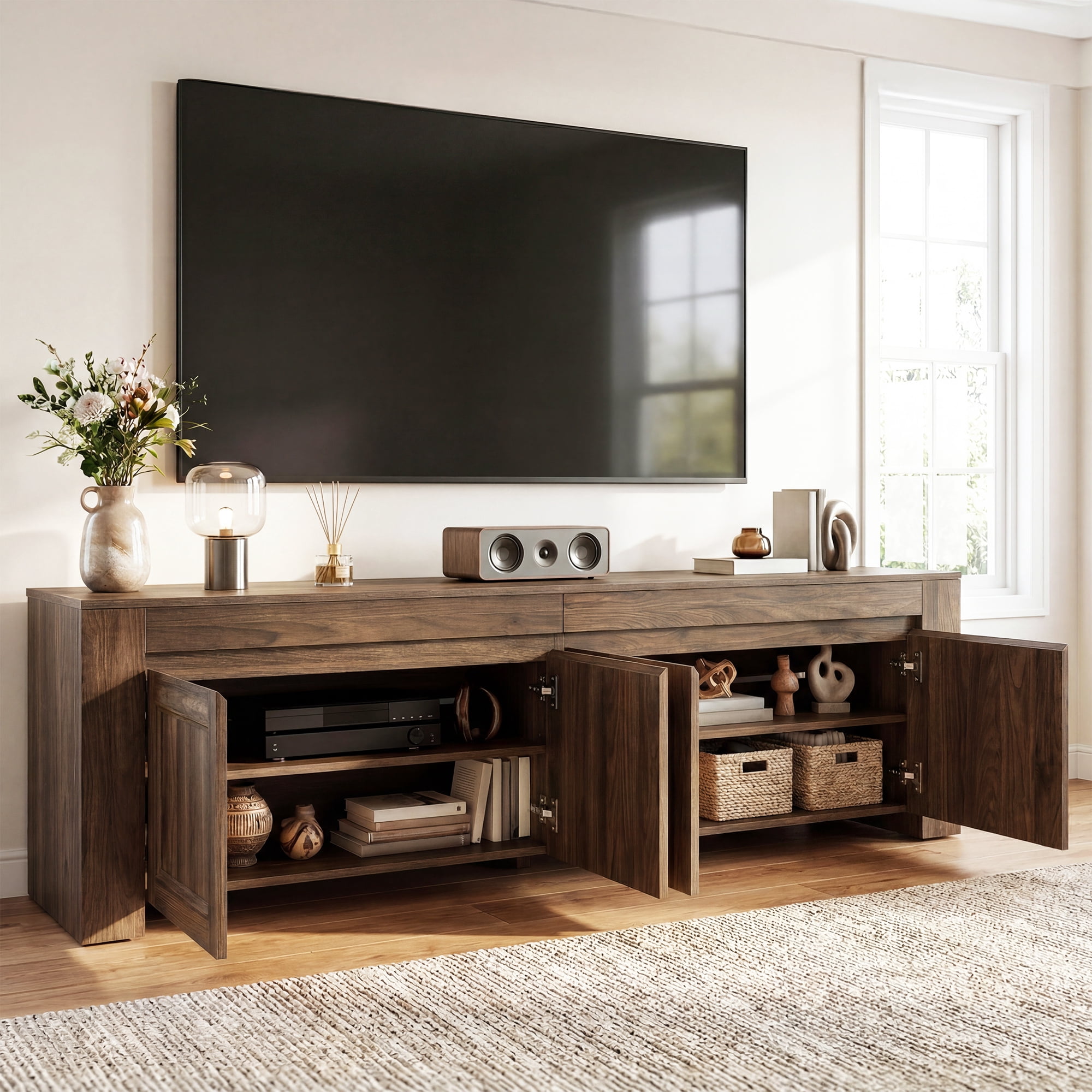 Uforic 70 Inch Modern Farmhouse TV Stand for Up to 80 Inch TVs with 4 Storage Doors & Inner Shelves for Living Room, Dark Walnut