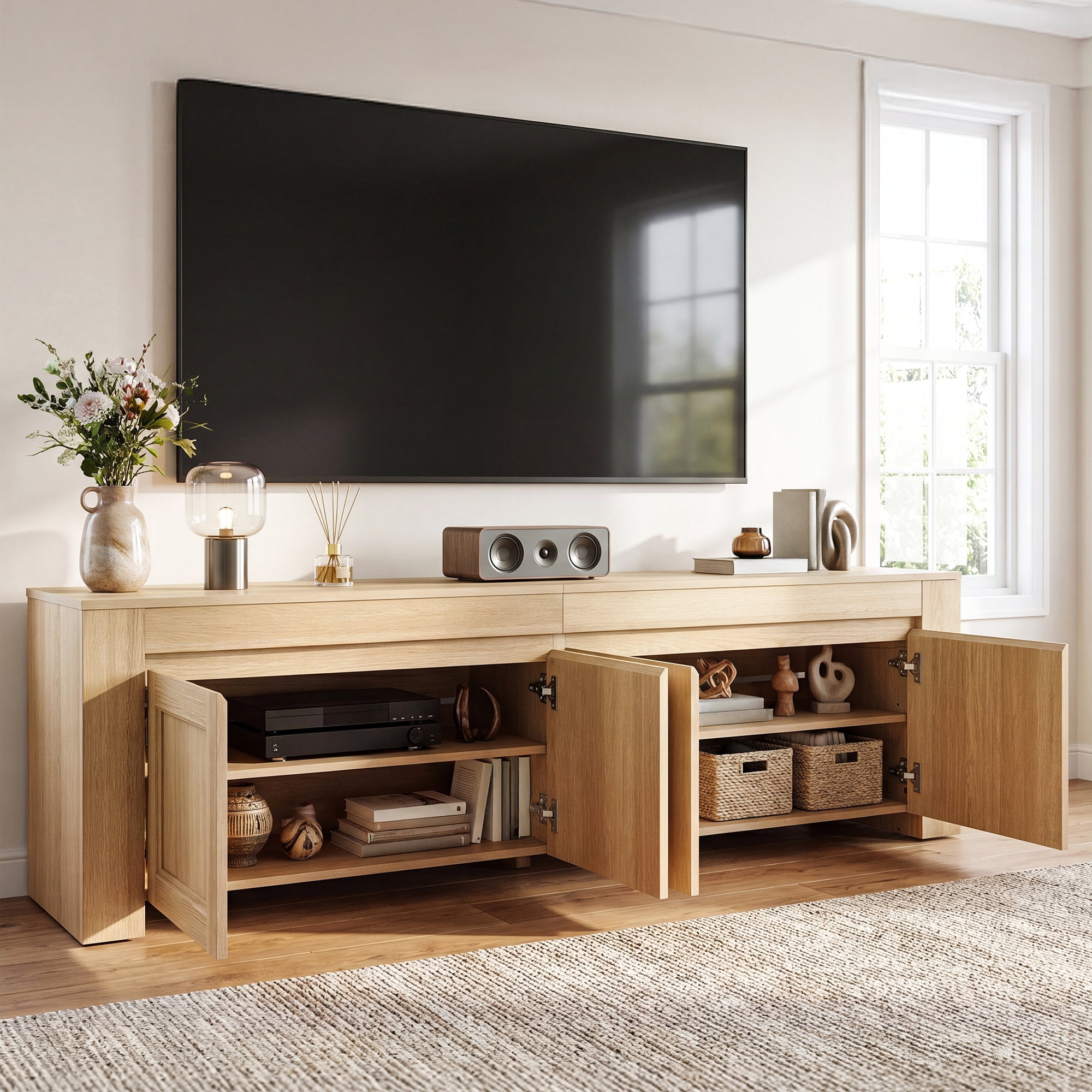 Uforic 70 Inch Modern Farmhouse TV Stand for Up to 80 Inch TVs with 4 Storage Doors & Inner Shelves for Living Room, Natural Oak