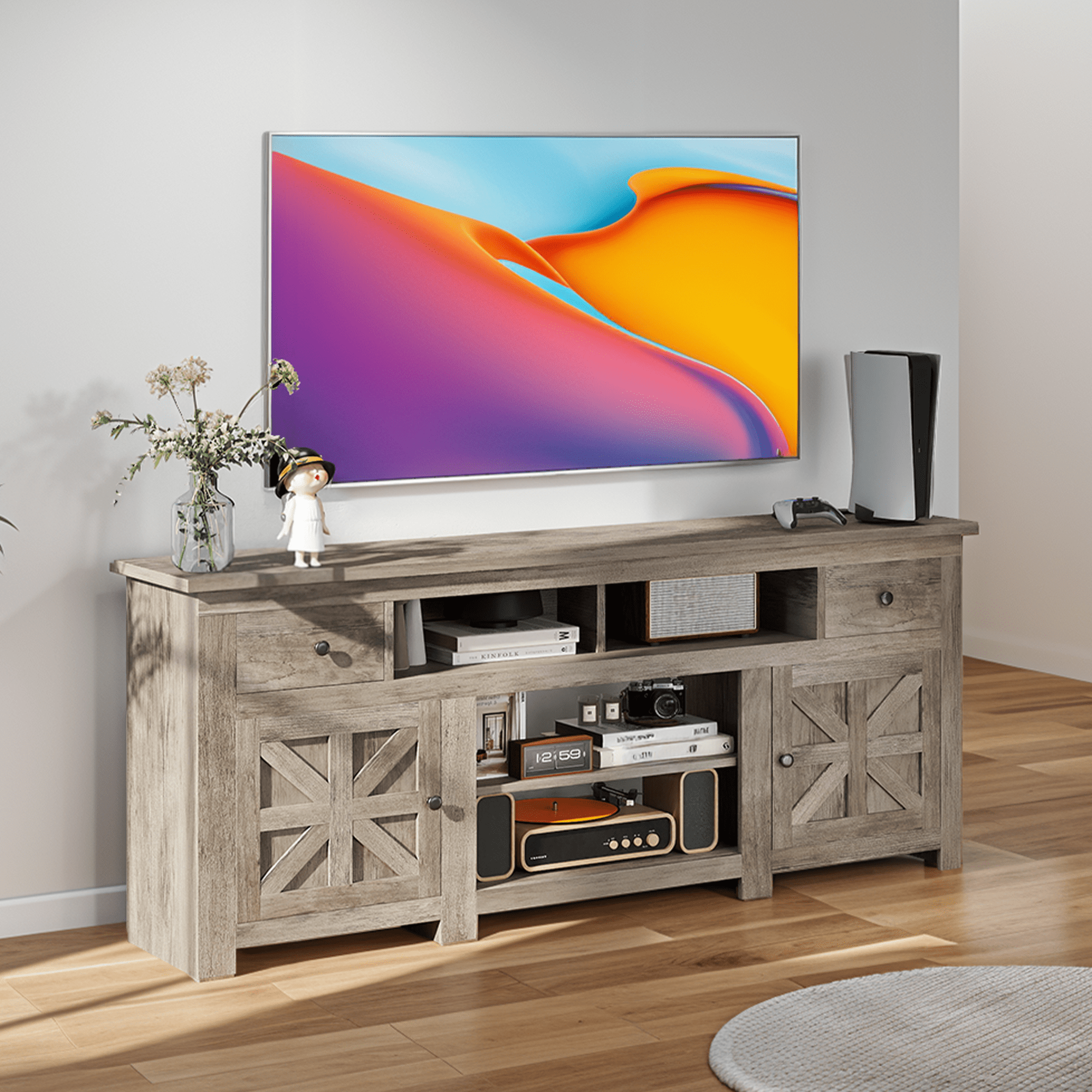 Uforic 70 Inch TV Stand for 75/80 Inch TV with 2 Drawers, 4 Open Compartments & Built-In Power Outlet, Floor Mount Wooden TV Console, Gray