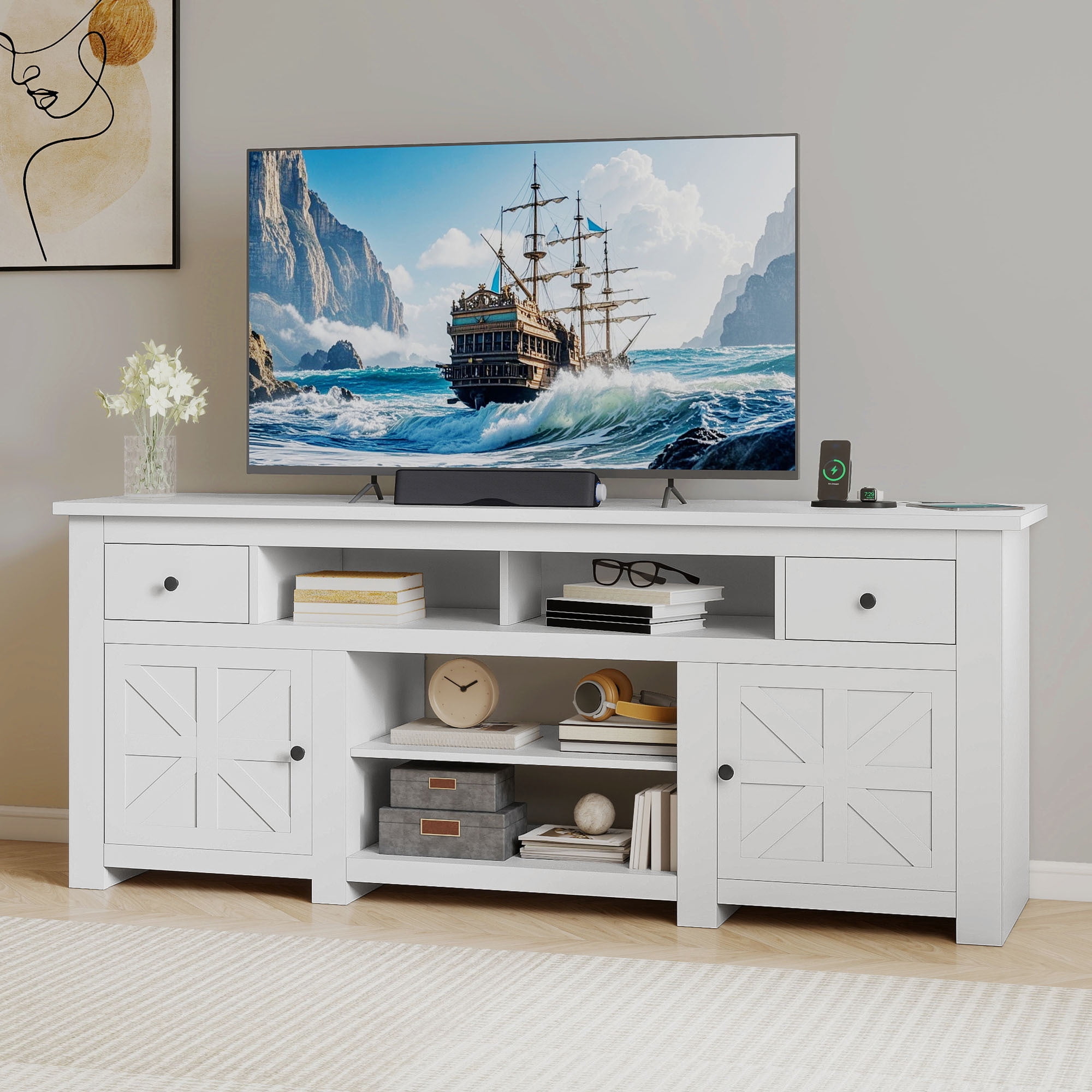 Uforic 70 Inch TV Stand for 75/80 Inch TV with 2 Drawers, 4 Open Compartments & Built-In Power Outlet, Floor Mount Wooden TV Console, White