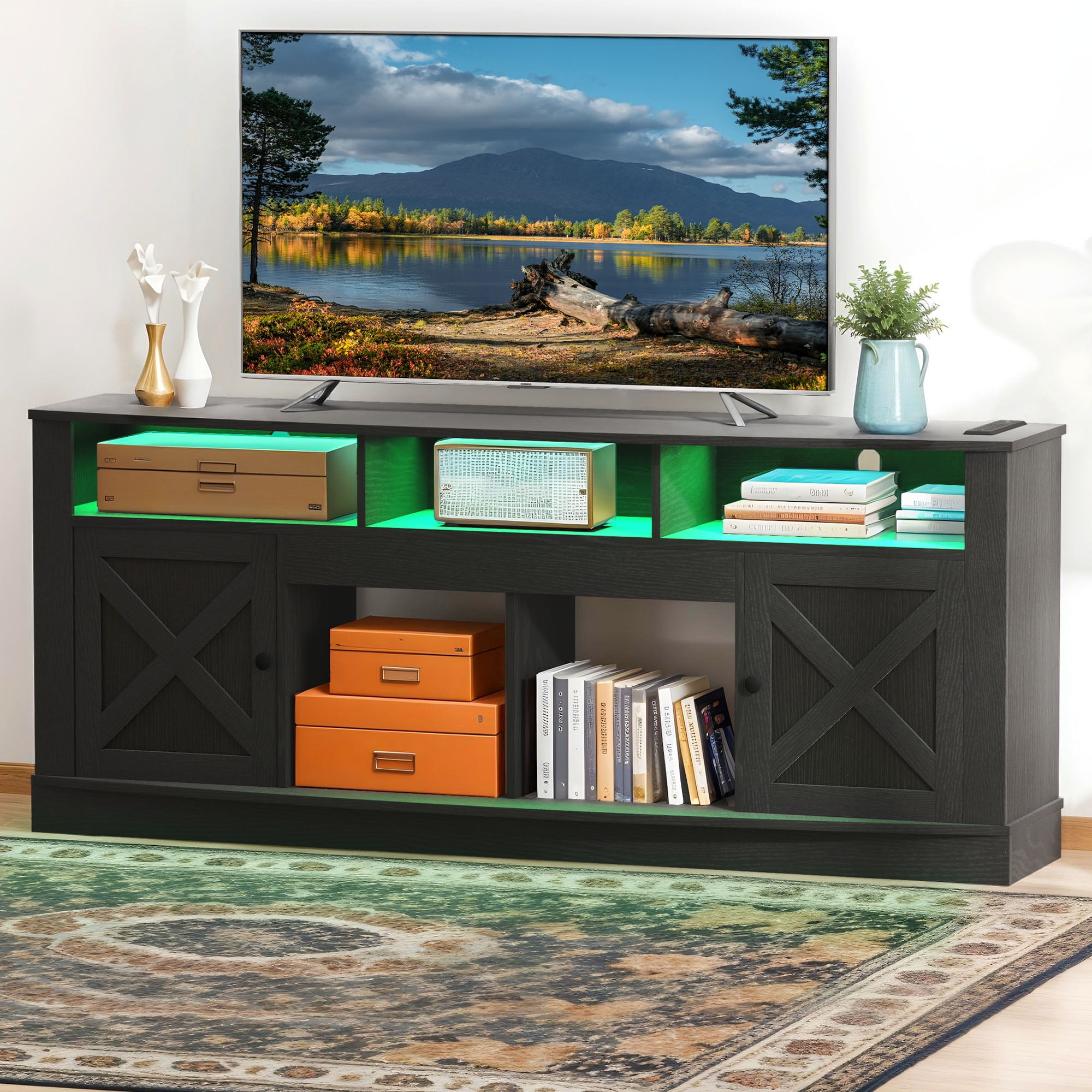 Uforic 70 Inch White Farmhouse TV Stand Suitable for TVs up to 80 Inches for Living Room, Black
