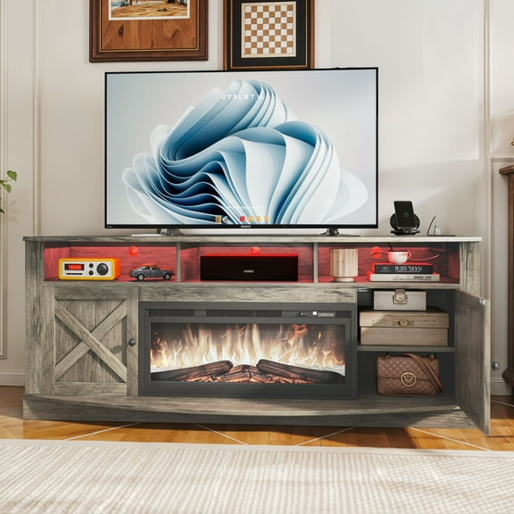 Uforic 70 Inch White Farmhouse TV Stand Suitable for TVs up to 80 Inches for Living Room, Brown