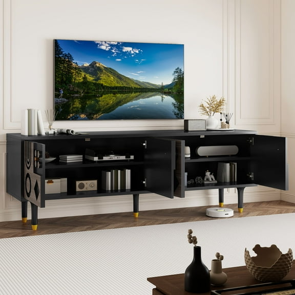 Uforic 70" Mid-Century TV Stand for TVs Up to 80", Entertainment Center with Textured Doors & Storage, Black & Walnut