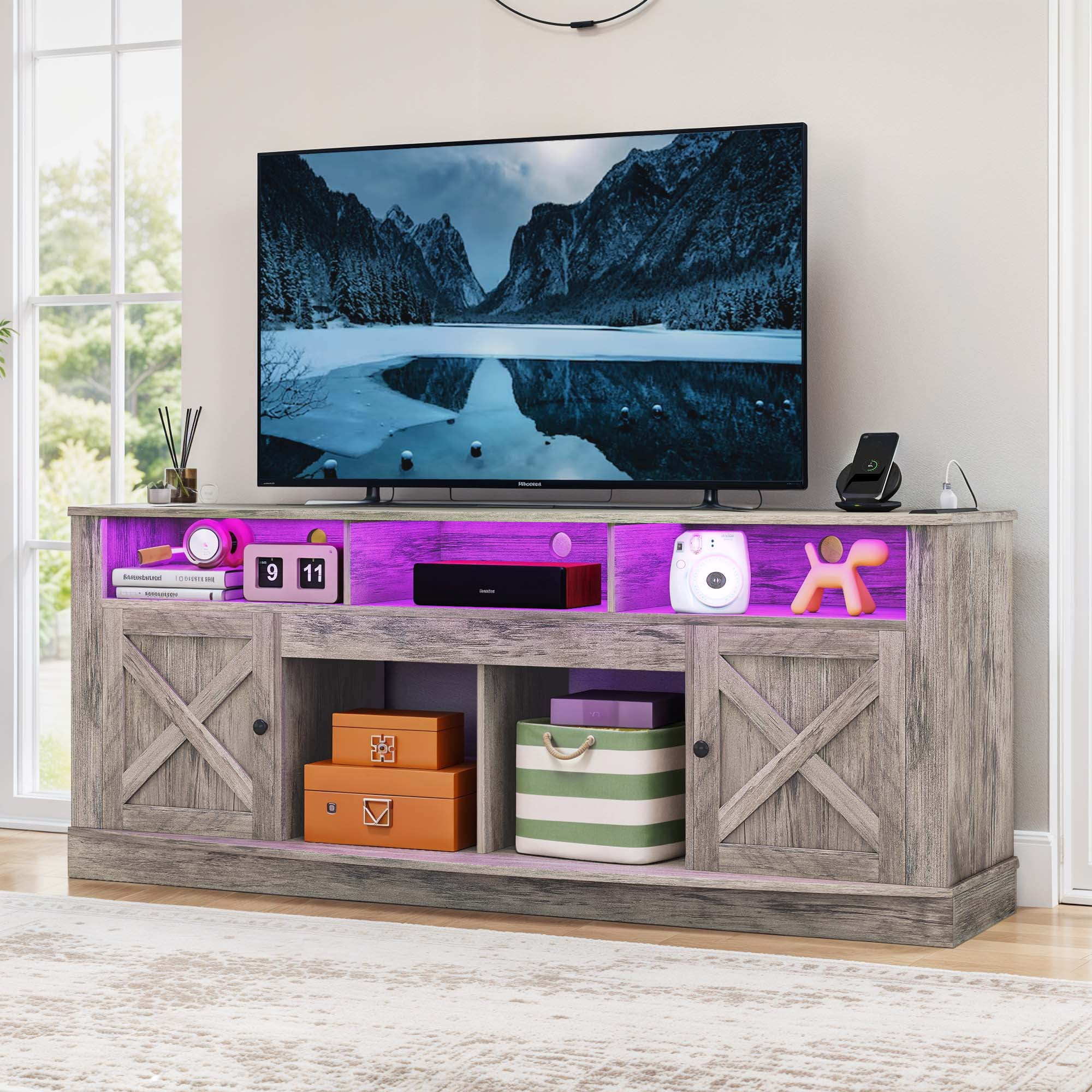 Uforic 70'' TV Stand for 80-Inch TV, Entertainment Center with Multi-Color LED Lighting, Charging Outlets, & Plenty of Storage for Living Room, Rustic Gray