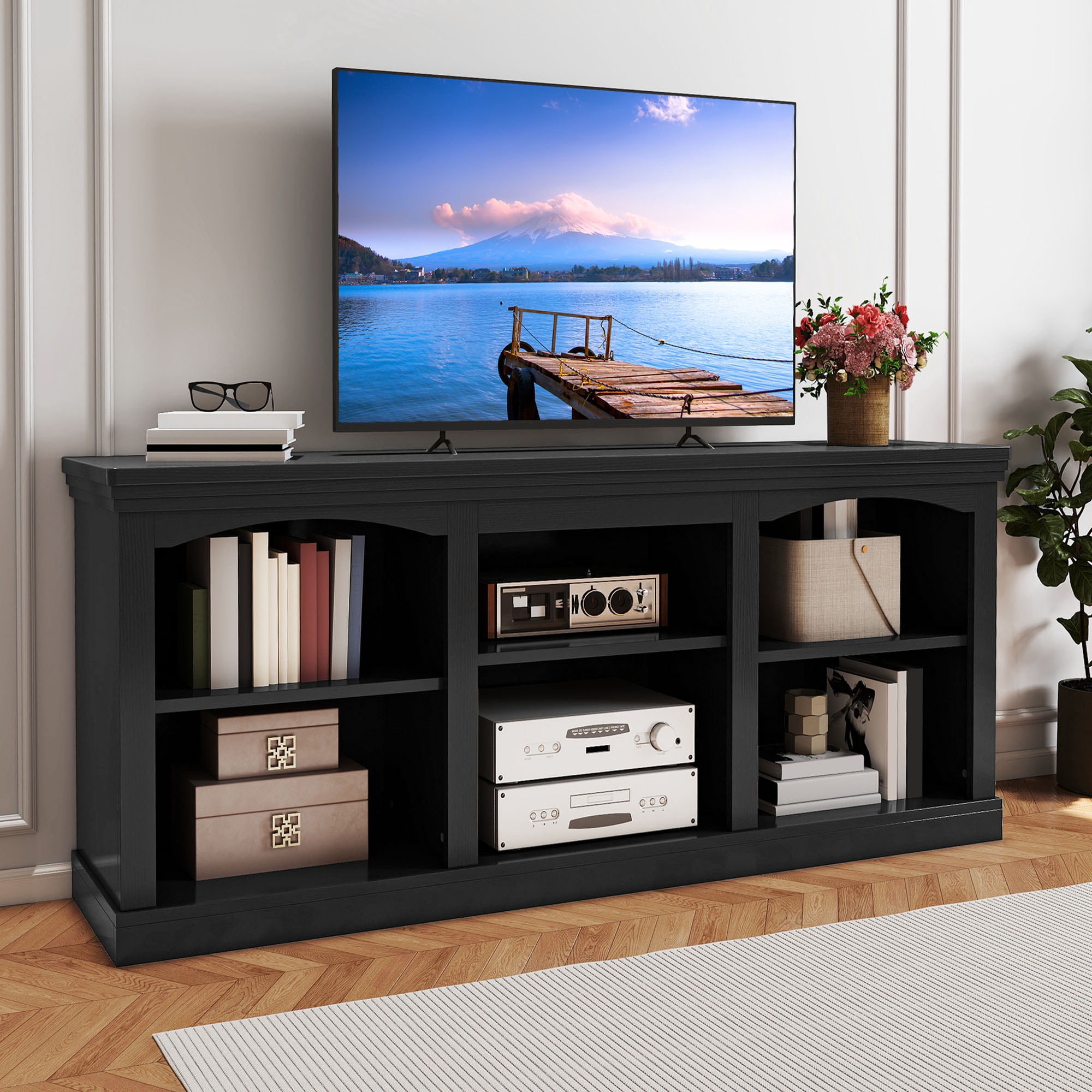 Uforic 70" TV Stand for 80 Inches TV, Farmhouse Entertainment Center with Adjustable Shelf & Storage Cabinets, Black