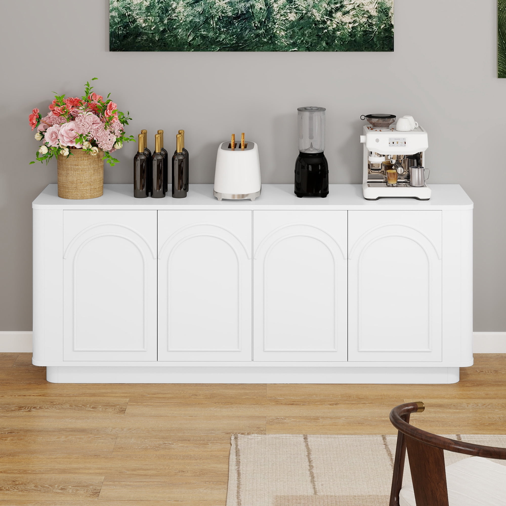 Uforic 70" TV Stand for TVs Up to 80", Entertainment Center with Cabinets & Arched Patterns for Living Room, White