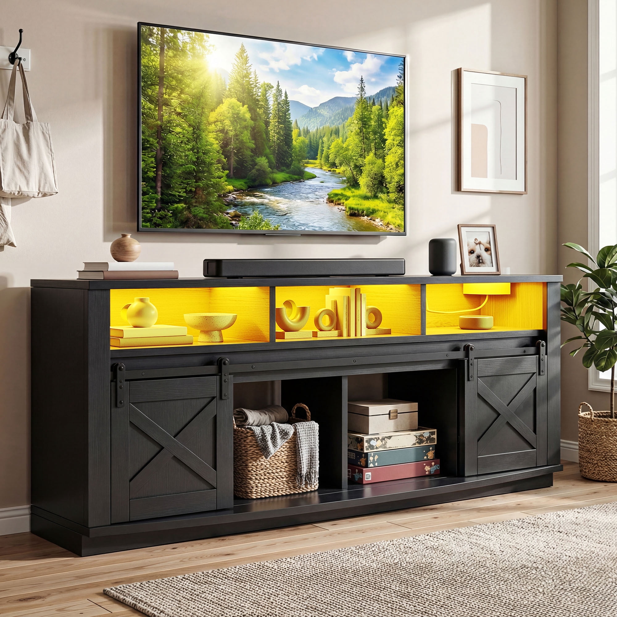 Uforic 70" TV Stand with Power Outlet & LED Lights, Curved Desktop Entertainment Center for 80" TVs, Black