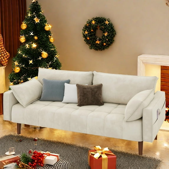 Uforic 70" Velvet Loveseat Sofa, Modern Comfortable Sofa Loveseat Small Sofa Couch with Side Storage Pockect & 2 Pillows, Button Tufted Seat Cushion for Living Room Bedroom Apartment, Beige