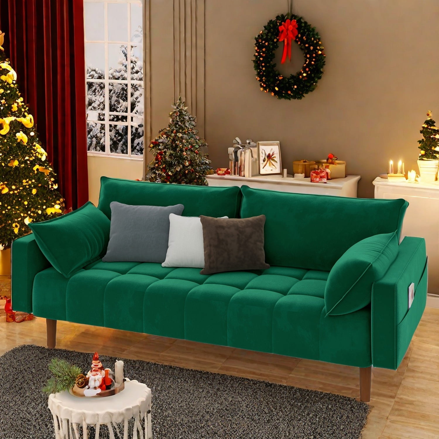 Uforic 70" Velvet Loveseat Sofa, Modern Comfortable Sofa Loveseat Small Sofa Couch with Side Storage Pockect & 2 Pillows, Button Tufted Seat Cushion for Living Room Bedroom Apartment, Green