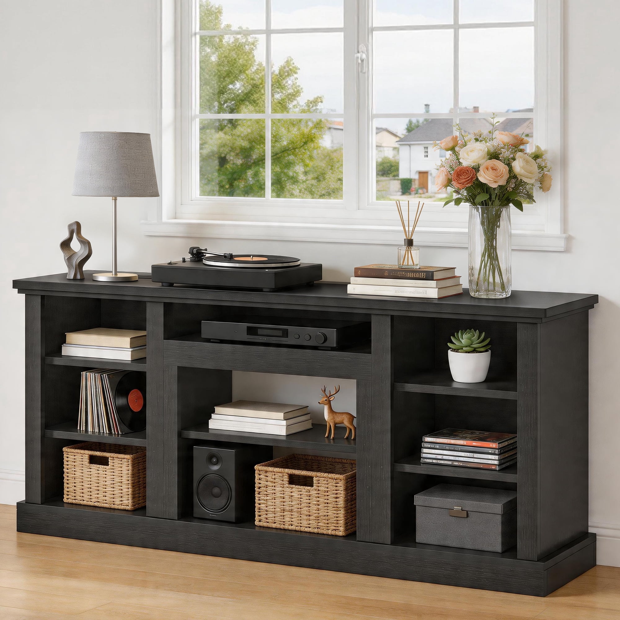 Uforic 70"W Farmhouse TV Stand, Adjustable Shelf Entertainment Center for 75/80 Inch TVs, Black