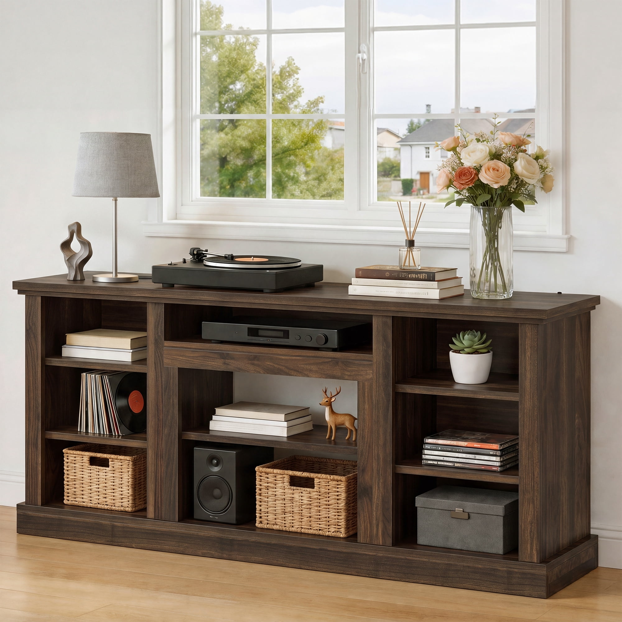 Uforic 70"W Farmhouse TV Stand, Adjustable Shelf Entertainment Center for 75/80 Inch TVs, Walnut