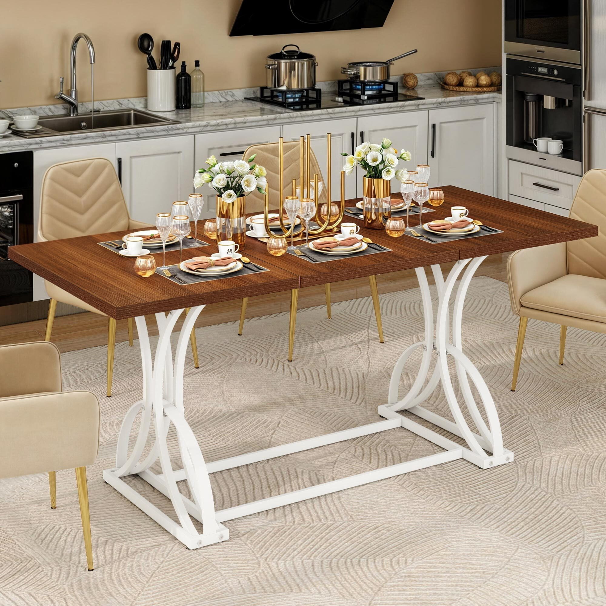 Uforic 70" Wood Dinner Table for 6-8 Person, Rectangular Kitchen Table with Metal Leg for Gathering, Meeting, Office Kitchen, Dining Living Room, Walnut