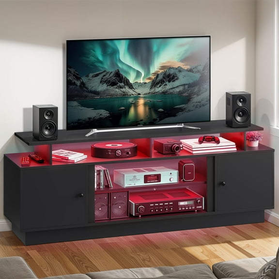 Uforic 70 inches Modern TV Stand with Light Strip, Storage Cabinets and Adjustable Partition, Black