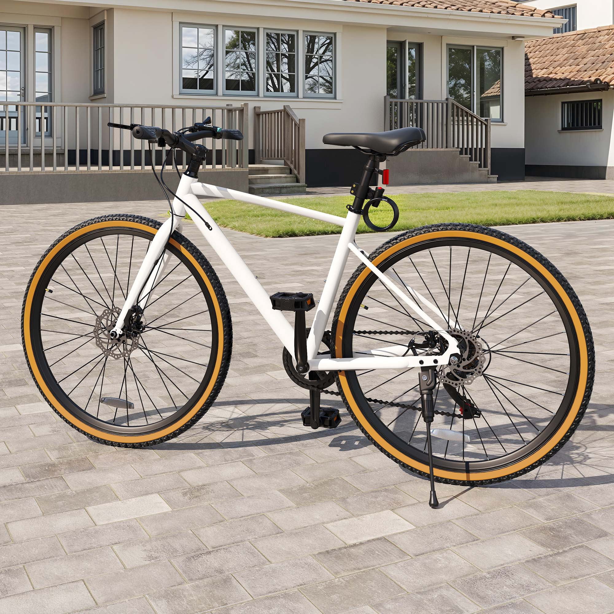 Uforic 700C Road Bike, 7-Speed, Dual Disc Brakes, Lightweight Frame, Racing Bike for Adults, White