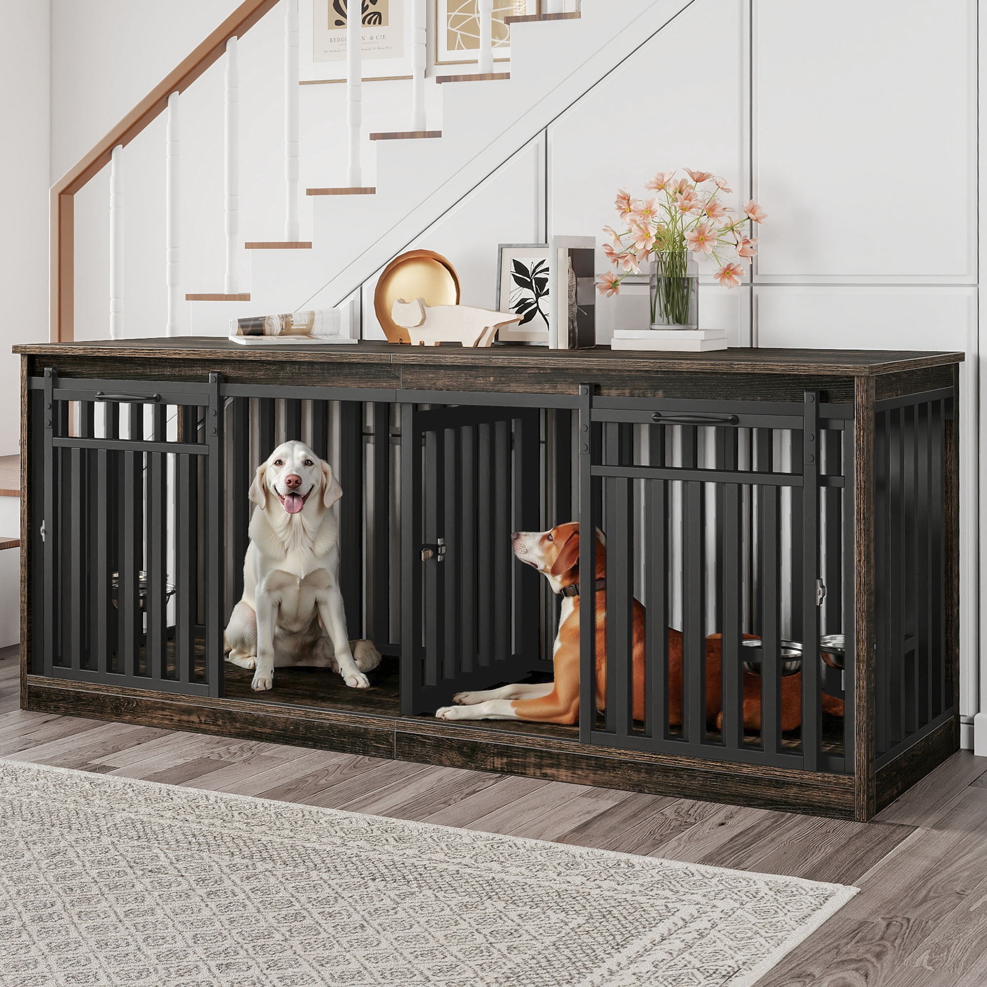 Uforic 71" Double Dog Crate Furniture, Heavy Duty Wood Dual Kennel TV Stand with Sliding Doors & Dog Bowls (Black)