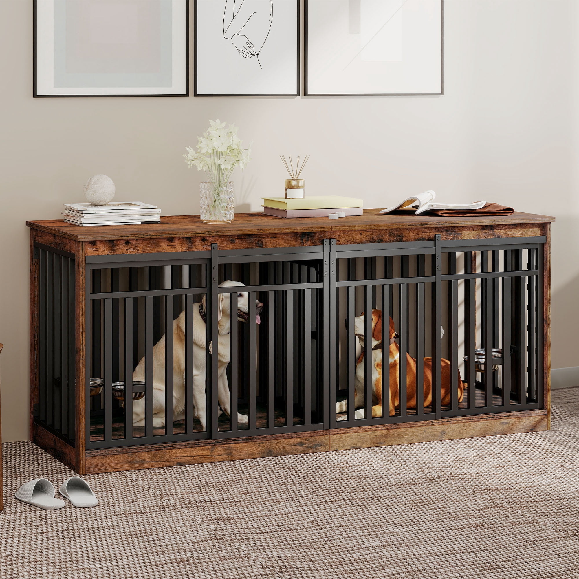 Uforic 71" Double Dog Crate Furniture, Heavy Duty Wood Dual Kennel TV Stand with Sliding Doors & Dog Bowls (Rustic Brown)