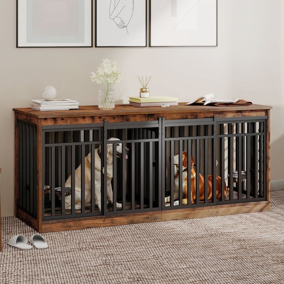 Uforic 71" Double Dog Crate Furniture, Heavy Duty Wood Dual Kennel TV Stand with Sliding Doors & Dog Bowls (Rustic Brown)