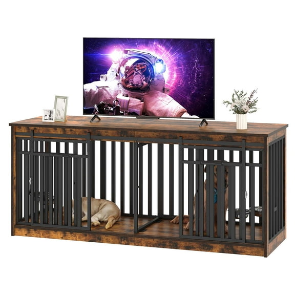 Uforic 71-Inch Farmhouse TV Stand for TVs up to 65",Heavy Duty Dog Crate Furniture with 4 Dog Bowl - Rustic Brown