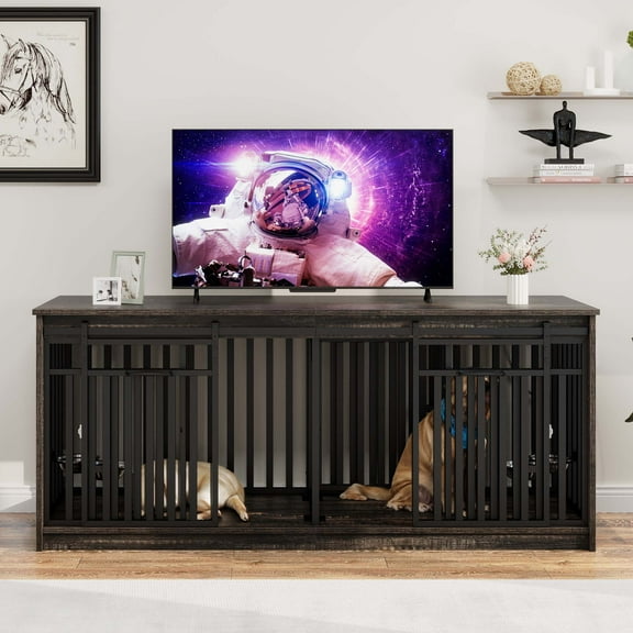 Uforic 71-Inch Heavy Duty Dog Crate Furniture with 4 Dog Bowl,Double Dog Kennel Furniture for Dog Cage Table - Black Oak