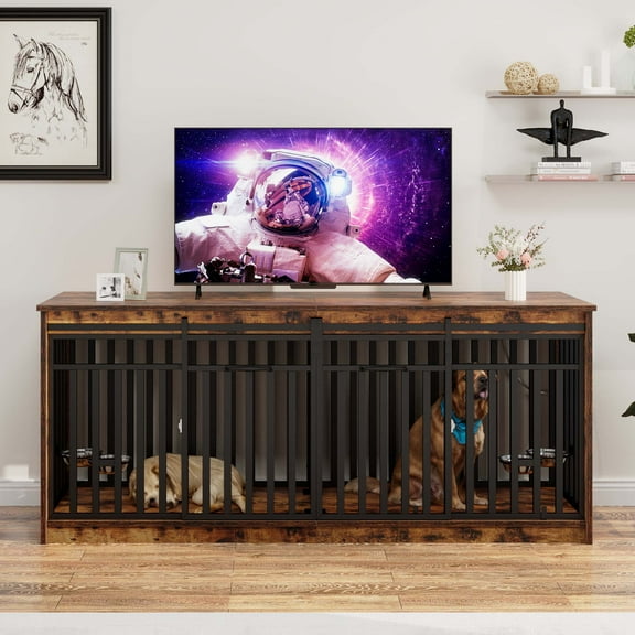 Uforic 71-Inch Heavy Duty Dog Crate Furniture with 4 Dog Bowl,Double Dog Kennel Furniture for Dog Cage Table - Rustic Brown