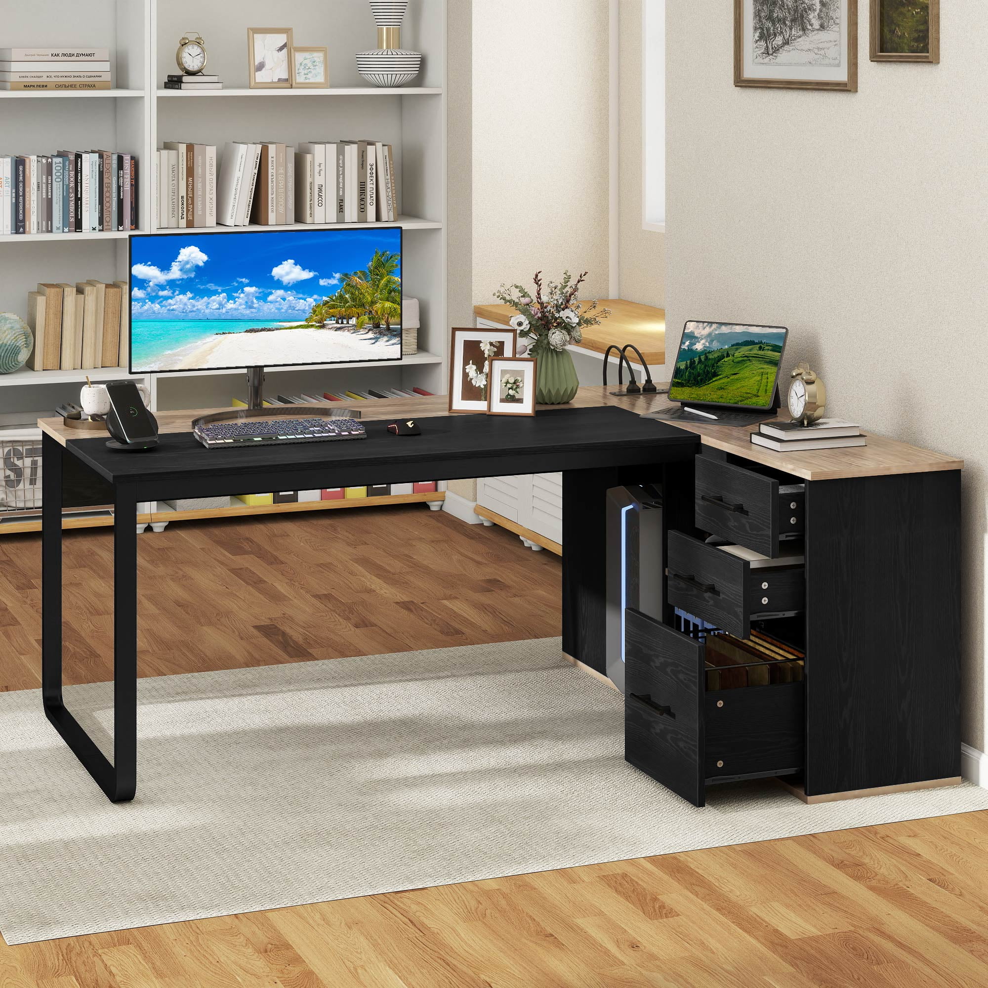 Uforic 71" L-Shaped Desk File Cabinet, Computer Desk with Power Outlets, Executive Desk for Home Office